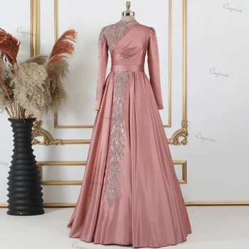 Ciynsia Розовое женское вечернее платье трапециевидной формы 2024 года с высоким воротом и длинными рукавами, Мусульманское вечернее платье, Атласный расшитый бисером шлейф, реальное фото Abiye