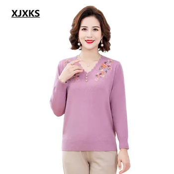 XJXKS 2023 Осень-Зима, Новый модный женский свитер с V-образным вырезом и темпераментной вышивкой, высококачественный шерстяной вязаный пуловер