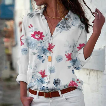 Женская Весенне-летняя повседневная рубашка с отворотом в стиле ретро с цветочным принтом, Рубашка на пуговицах с длинным рукавом, женская блузка на пуговицах большого размера