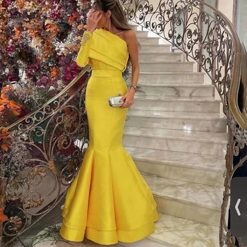 Красивое желтое атласное платье для выпускного вечера с длинным рукавом на одно плечо и силуэтом русалки для официальных или вечерних мероприятий Vestido De Festa Lux
