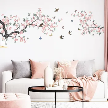Свежие ветки, птицы и бабочки, играющие в спальне, гостиной, на крыльце, украшение стены дома, наклейка на стену